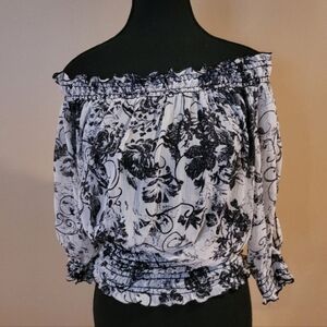 FRANKIE AND MISSY Sheer Off The Shoulder Black and White Blouse, Size Medium